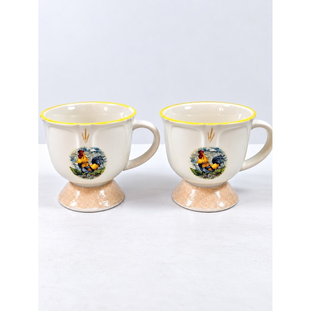 Gibson Rooster Coffee Cups Set of 2 Footed Pedestal Yellow Rim Country Farmhouse